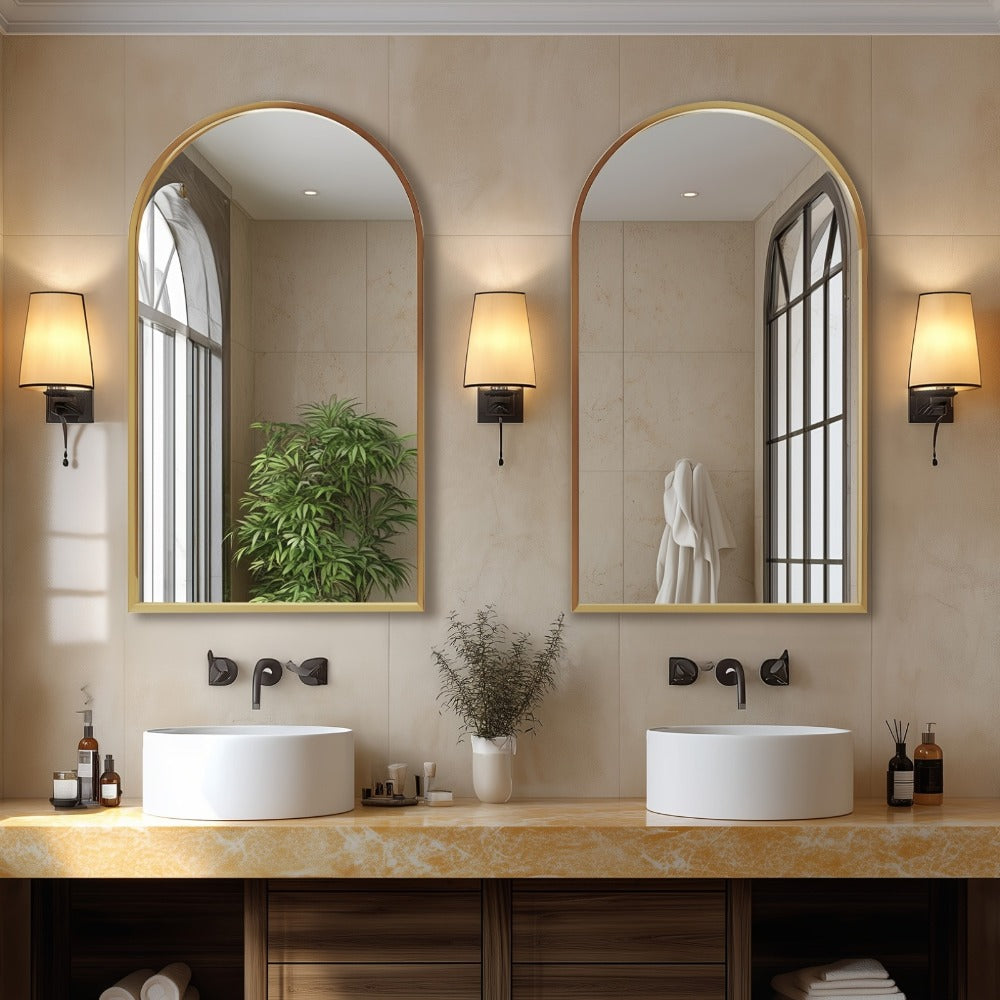 Arched Bathroom Mirror Metal Frame Wall Mounted Vanity Mirror Golden Black