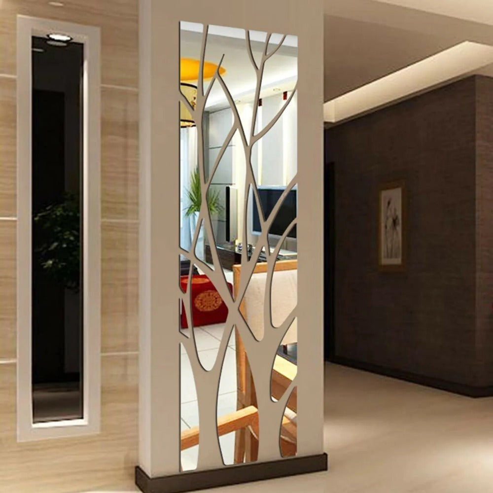 3D Mirror Tree Acrylic Wall Sticker ¨C Removable Reflective Wall Decal for Living Room, Bedroom, TV Wall & Sofa Area | Glossy Silver Mirror Finish Wall Art Decor | 1000x280mm