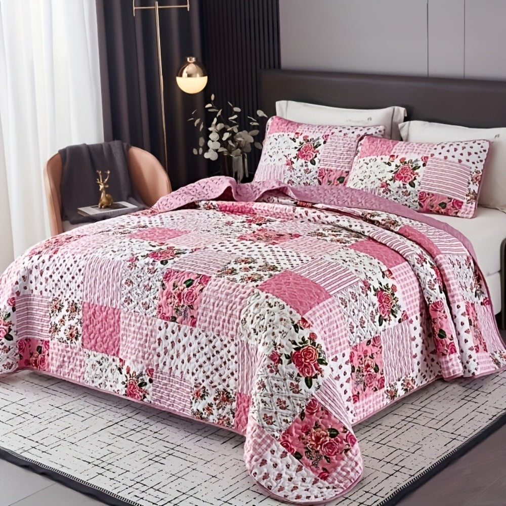 Quilted Bedspread Set 3 Piece Pink Floral Patchwork Comforter Set with 2 Pillowcases, Machine Washable All Season Bed Cover, Soft Breathable Bedroom Bedding Set Twin Full Queen King
