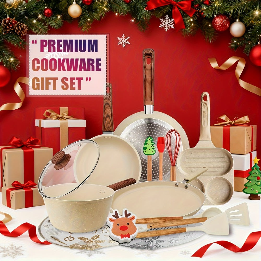 Non-Stick Cookware Set 7 12 & 15 Piece Induction Compatible ¨C Frying Pan Steamer Silicone Spatula & Tongs | Complete Pots and Pans Cooking Set | Perfect Wedding Housewarming Gift for Friends