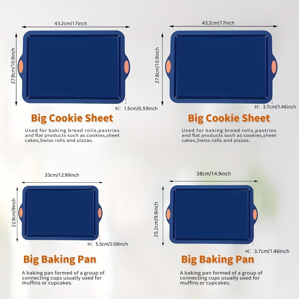Silicone Baking Pans Set 4-Piece ¨C Nonstick Bakeware with Metal Reinforced Frame, Includes Baking Sheet, Cookie Sheet & Cake Pan with Grips, Oven Safe, Easy Release ¨C Navy Blue & Light Gray