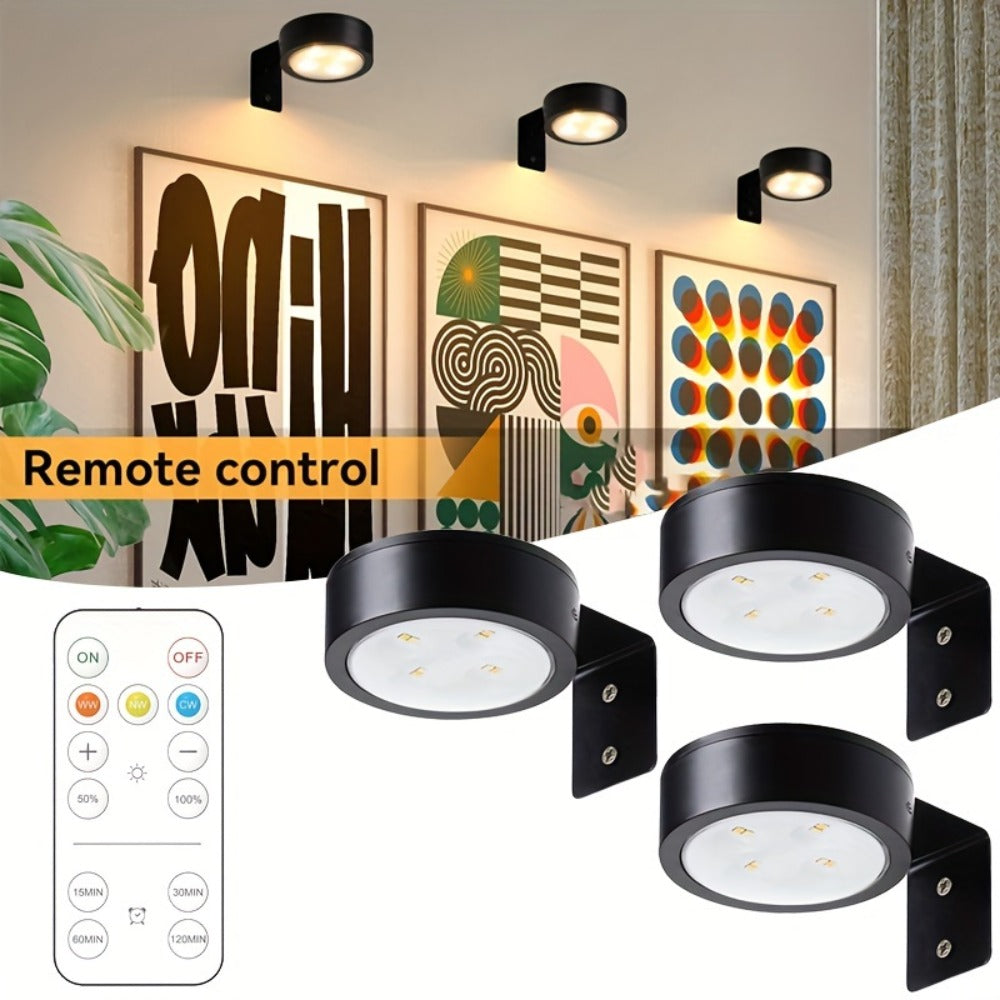 Battery Operated Picture Lights 3-Pack, Magnetic Painting Light with Remote & Timer, 3 Lighting Modes Dimmable Wireless Wall Puck Lights for Art Frames Portraits ¨C Black