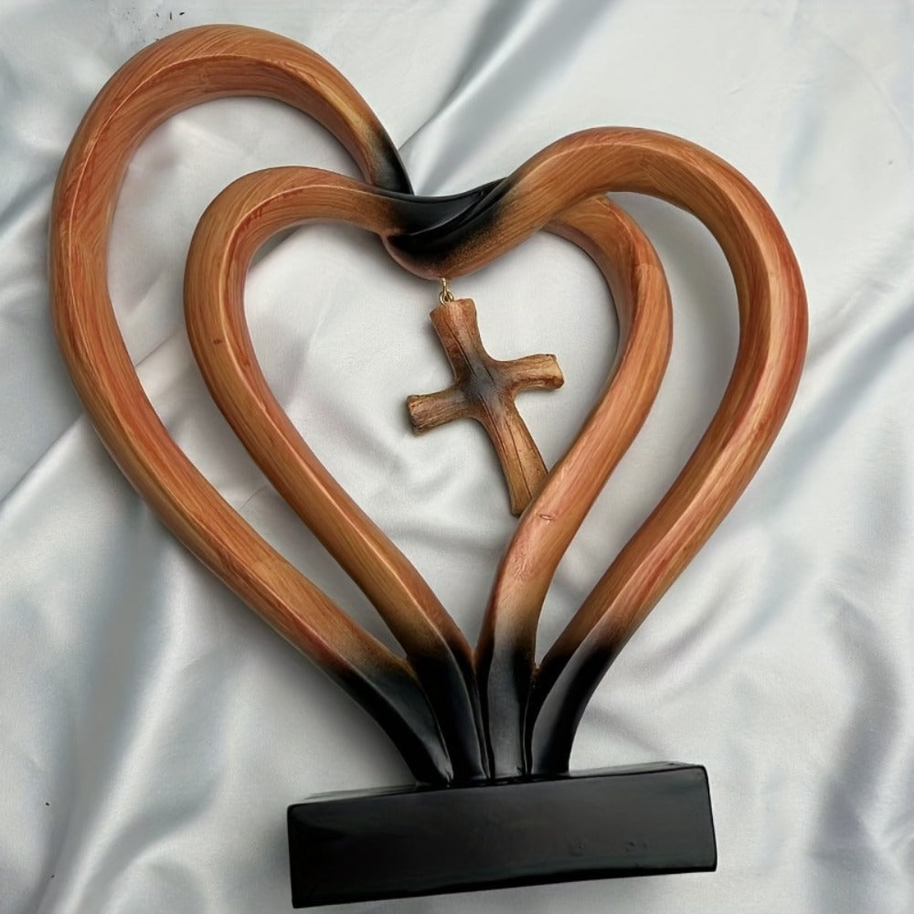 Resin Cross Ornament Wood Grain Love Design ¨C Modern Decorative Cross Statue for Home Office Desktop, Mother's Day Valentine's Day Gift, Tabletop Spiritual Decor Figurine