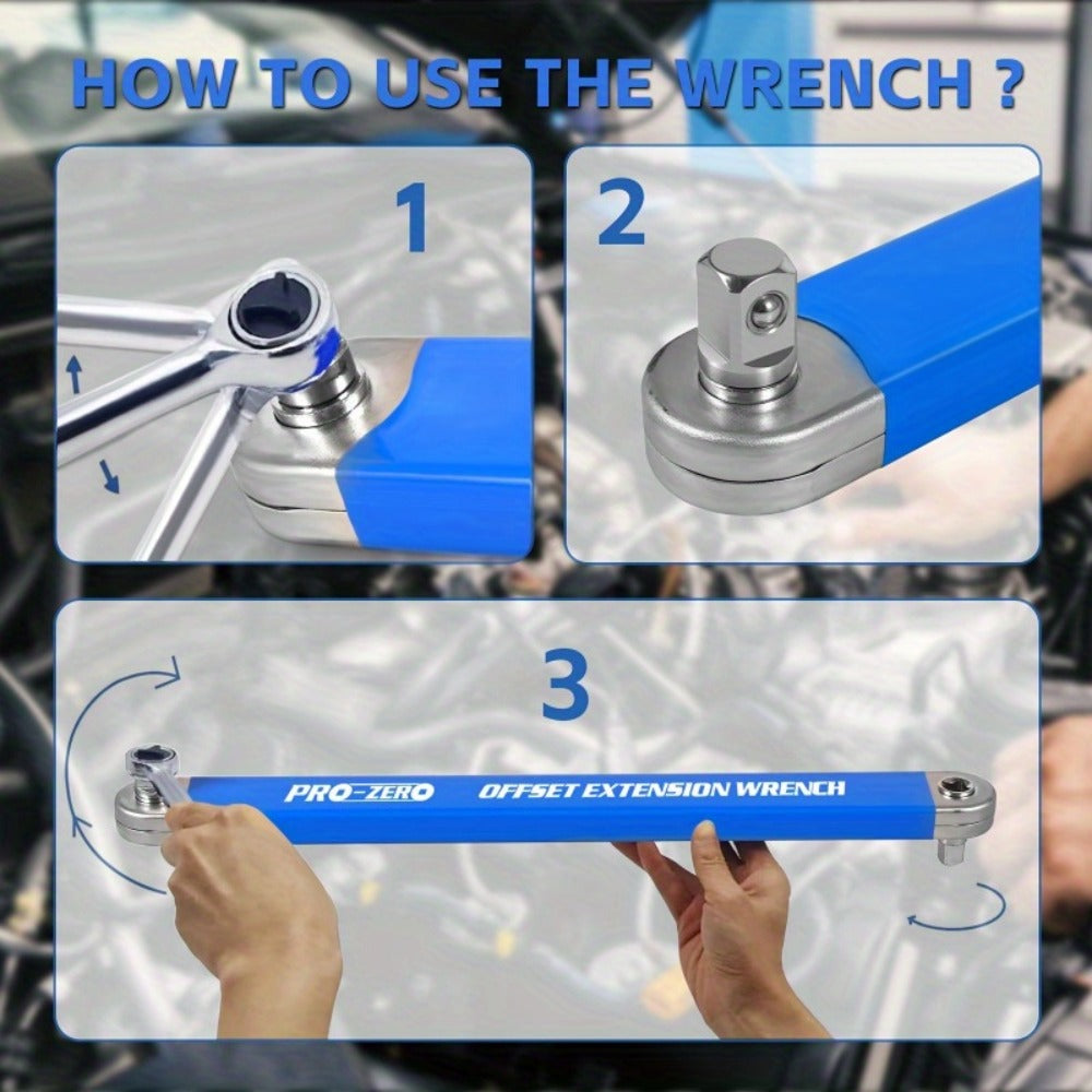 Ratchet Wrench 2-in-1 Offset Extension with 1/4¡± 3/8¡± 1/2¡± Square Head Adapters, 180-Degree Rotation High Torque Non-Slip Handle, Universal Flex Head Ratchet for Narrow Spaces & Auto Repair