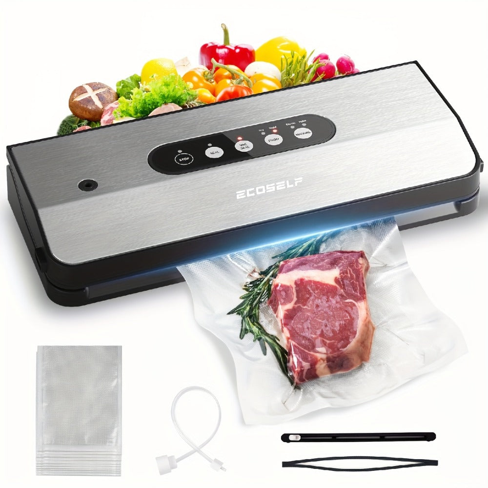 Vacuum Sealer Machine 8-in-1 ¨C 65Kpa Food Sealer with Cutter, Accessory Hose, 10 Bags Included, Stainless Steel, External Vacuum Port for Food Storage, Sous Vide & Meal Prep