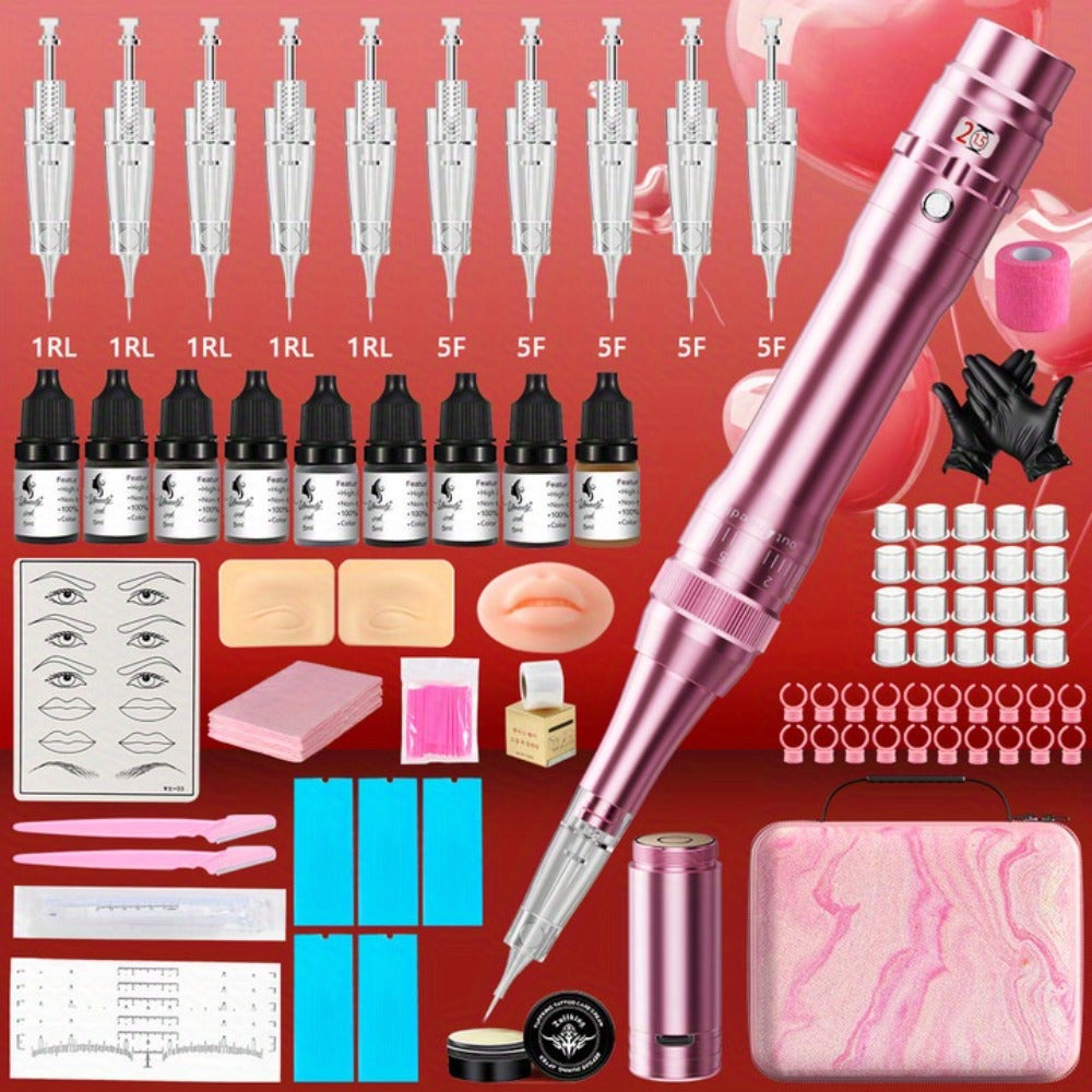 Permanent Eyebrow Tattoo Kit PMU Pen - Includes Tattoo Pen, Ink, Eyebrow & Lip Tattoo Needles, Practice Accessories, Complete Microblading Starter Set for Beginners & Enthusiasts, Black or Pink