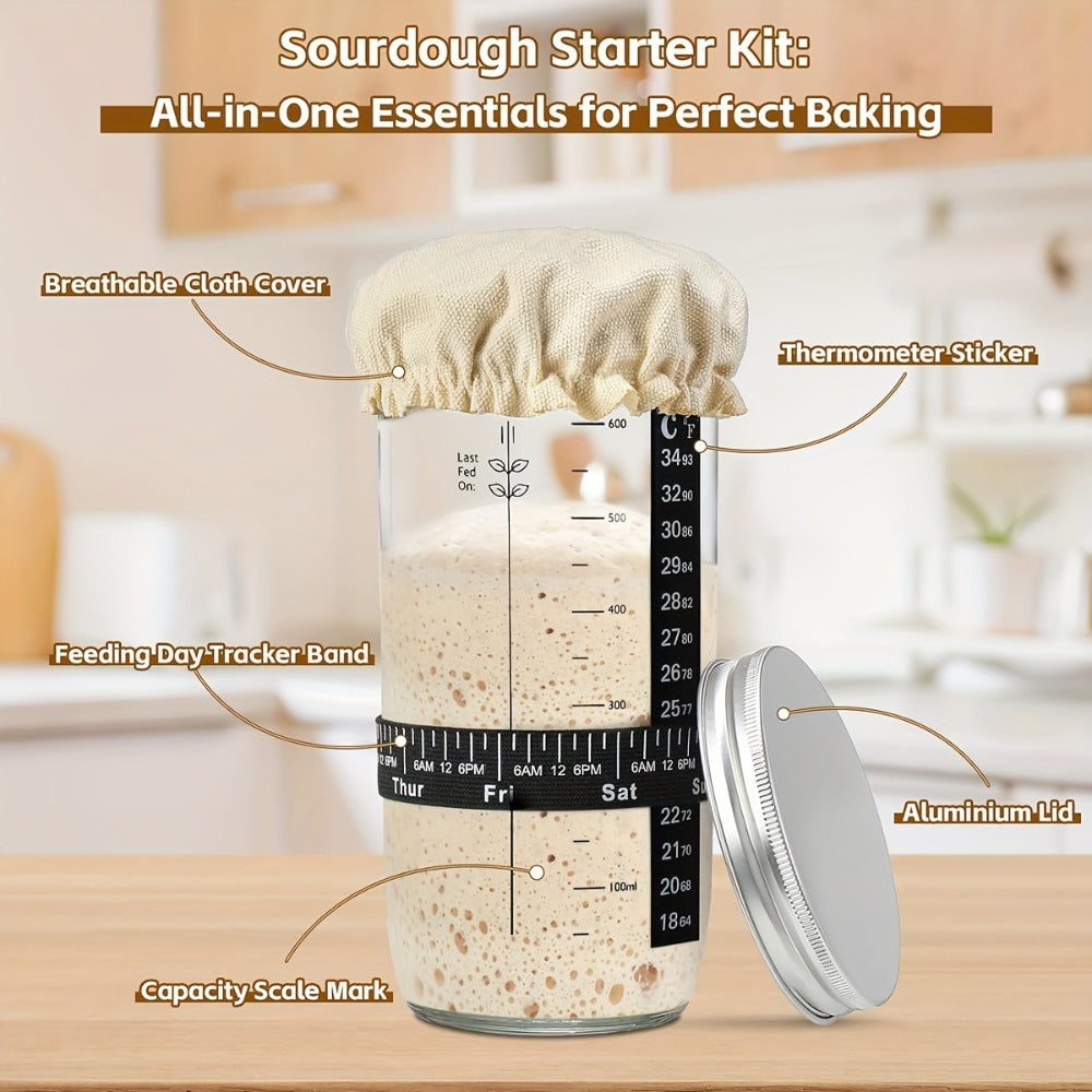 Glass Fermentation Jar Kit 24oz with Thermometer Scraper Cloth Lid Aluminum Lid and Auxiliary Label for Bread Baking Sourdough Juice Fermentation Available in 1 and 2 Pack
