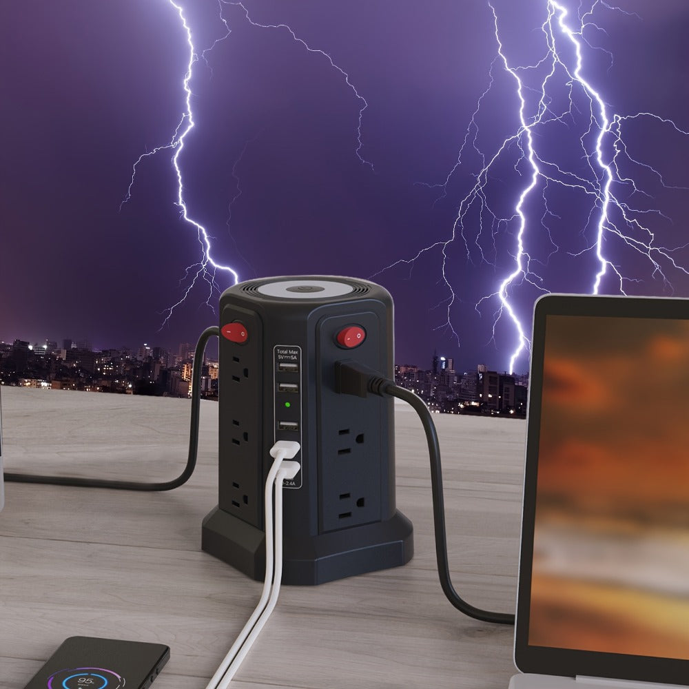 Surge Protector Power Strip Tower with 12 AC Outlets 5 USB Ports 8.8FT Extension Cord Night Light 4 Individual Switches Overload Protection for Home Office Desk Dorm Room