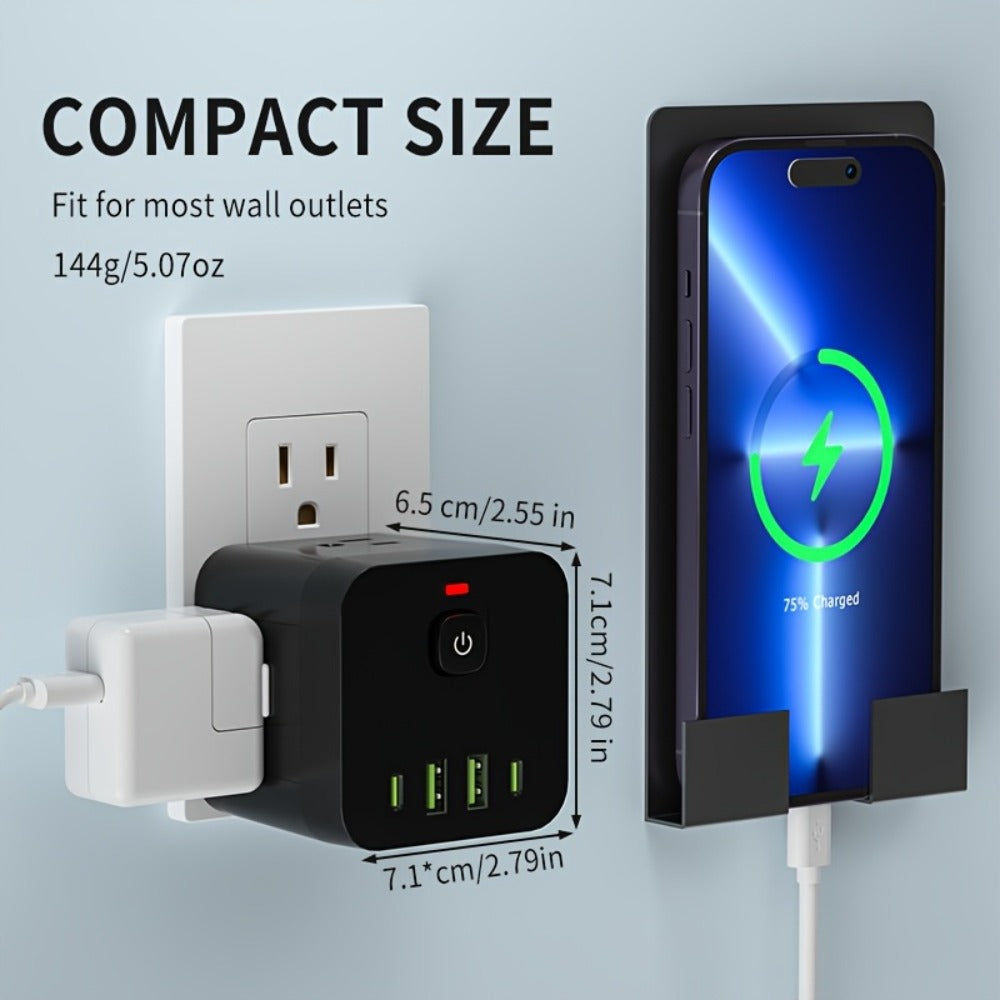 Surge Protector Power Socket 4 Side Outlets 2 USB-A 2 USB-C Overload Protection Power Off Switch Multifunctional for Living Room Kitchen Bathroom Bedroom Office Black