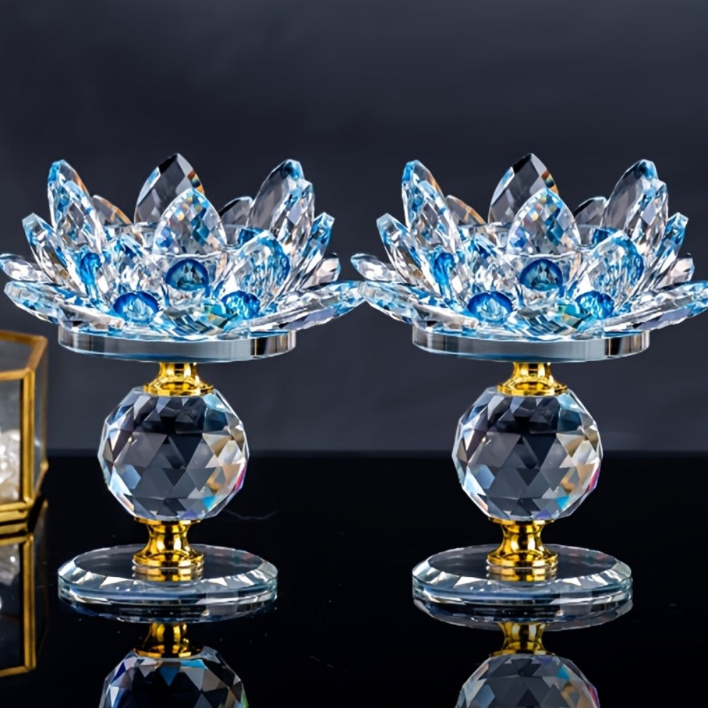 Crystal Lotus Candle Holder 2pcs, Polished Decorative Lotus Candleholder for Tea Light & Pillar Candles, Elegant Home Decor Centerpiece for Christmas, Thanksgiving, Halloween, Easter & Hanukkah ¨C Green, Purple, Blue, Pink