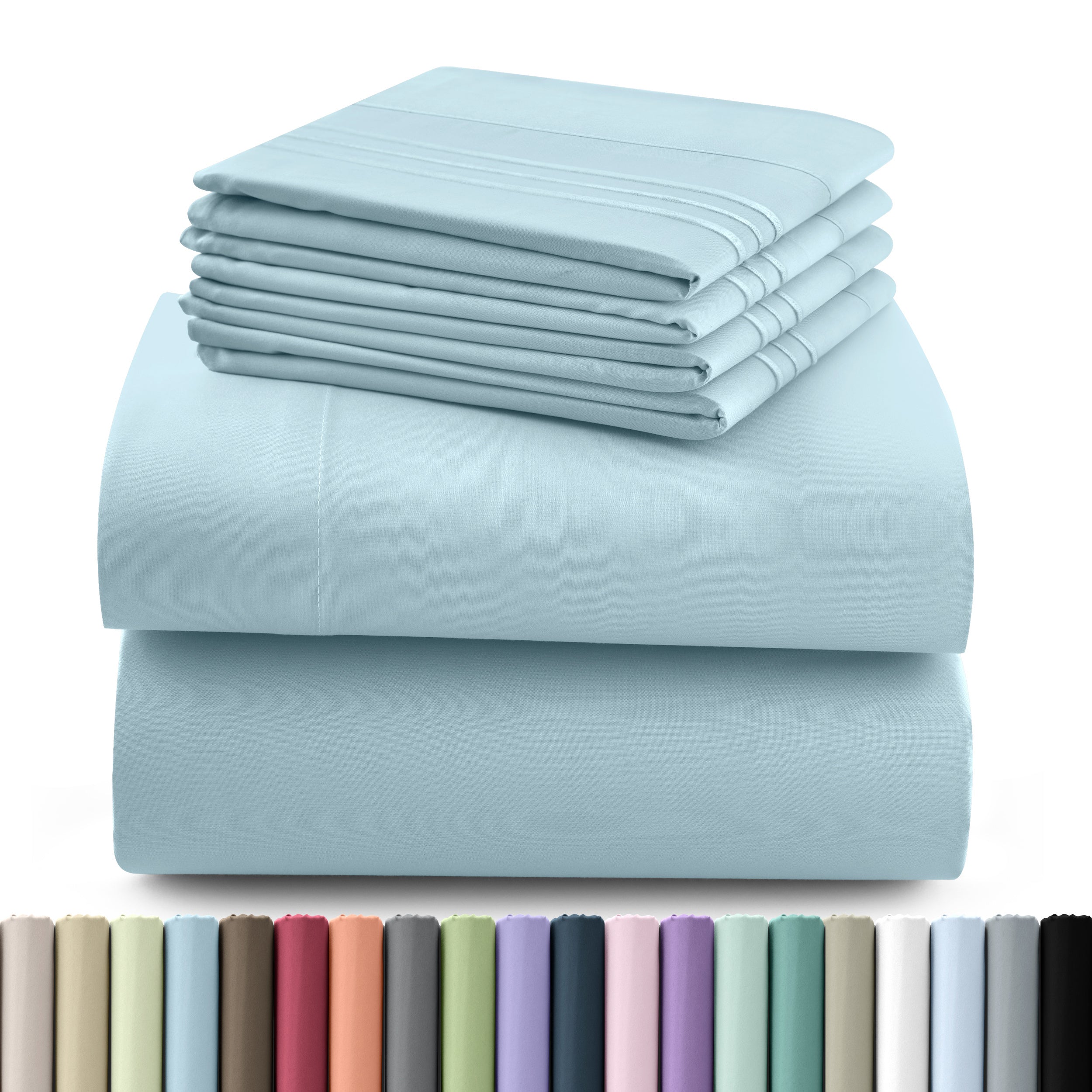 Fitted Sheet Set 6-Piece Brushed Polyester Deep Pocket Bed Sheets 20 Colors Hotel Luxury Soft Bedding with Embroidered Pillowcases
