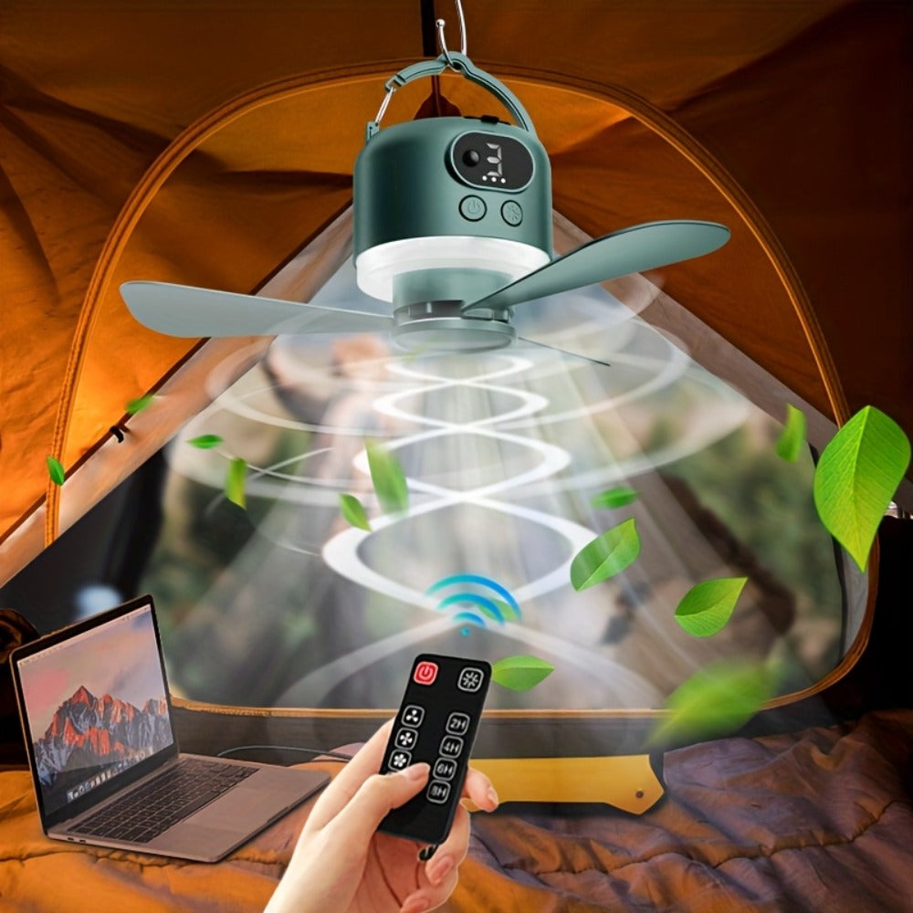 Portable Camping Ceiling Fan 10400mAh USB Rechargeable Remote Control 4-Speed Mute Fan Lamp with Phone Charging for Outdoor Tent Dorm Home White Dark Green
