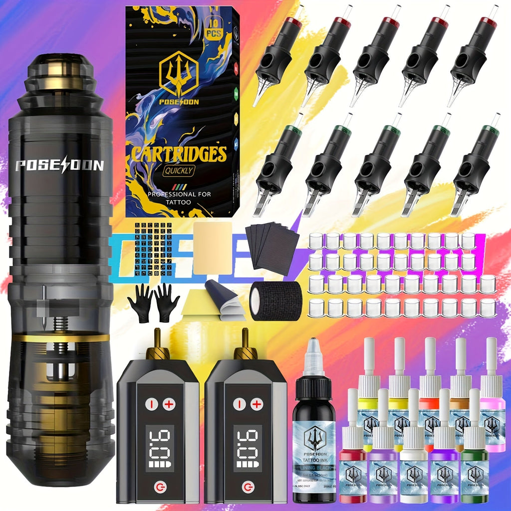 Tattoo Pen Kit Wireless Battery Tattoo Gun with LCD Screen, 1500mAh Cordless Rotary Tattoo Machine, 10pcs Cartridge Needles, 11 Color Inks & Power Supply ¨C Complete Tattoo Kit for Beginners & Artists