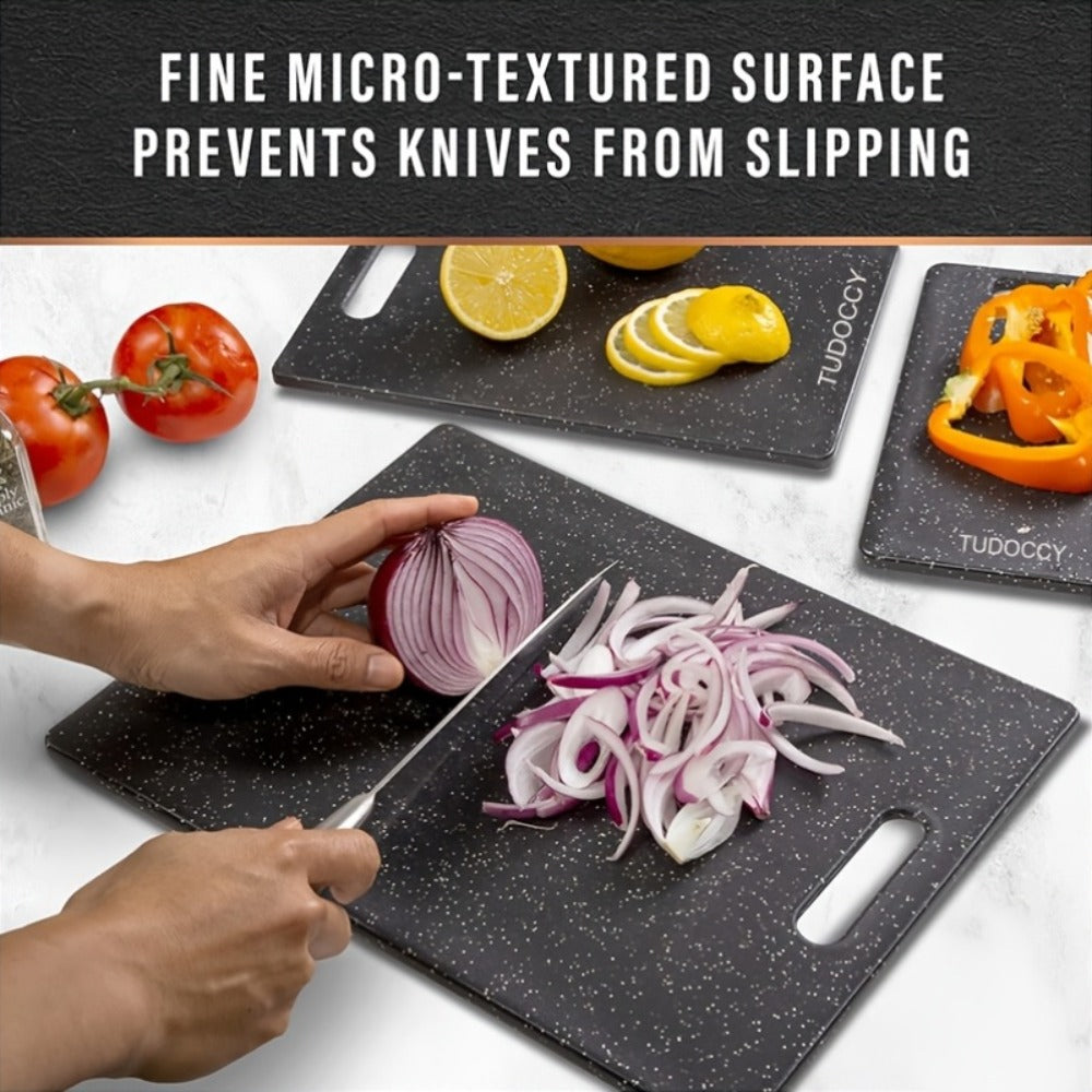 Plastic Cutting Board Set 3 Piece ¨C BPA-Free Kitchen Chopping Boards with Easy-Grip Handle, Non-Porous Surface, Two-Tone Color-Coded Large Medium Small Sizes for Meat Vegetables Fruits
