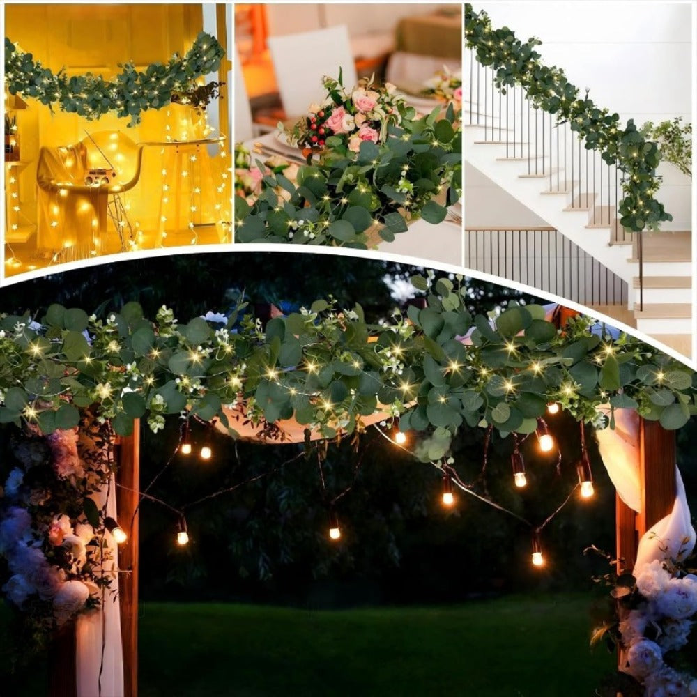 Lighted Eucalyptus Wreath Garland 6FT LED 2 Pack - Artificial Green Vine with Warm Lights for Wedding Centerpiece, Table Runner, Backdrop, Home & Seasonal Decor