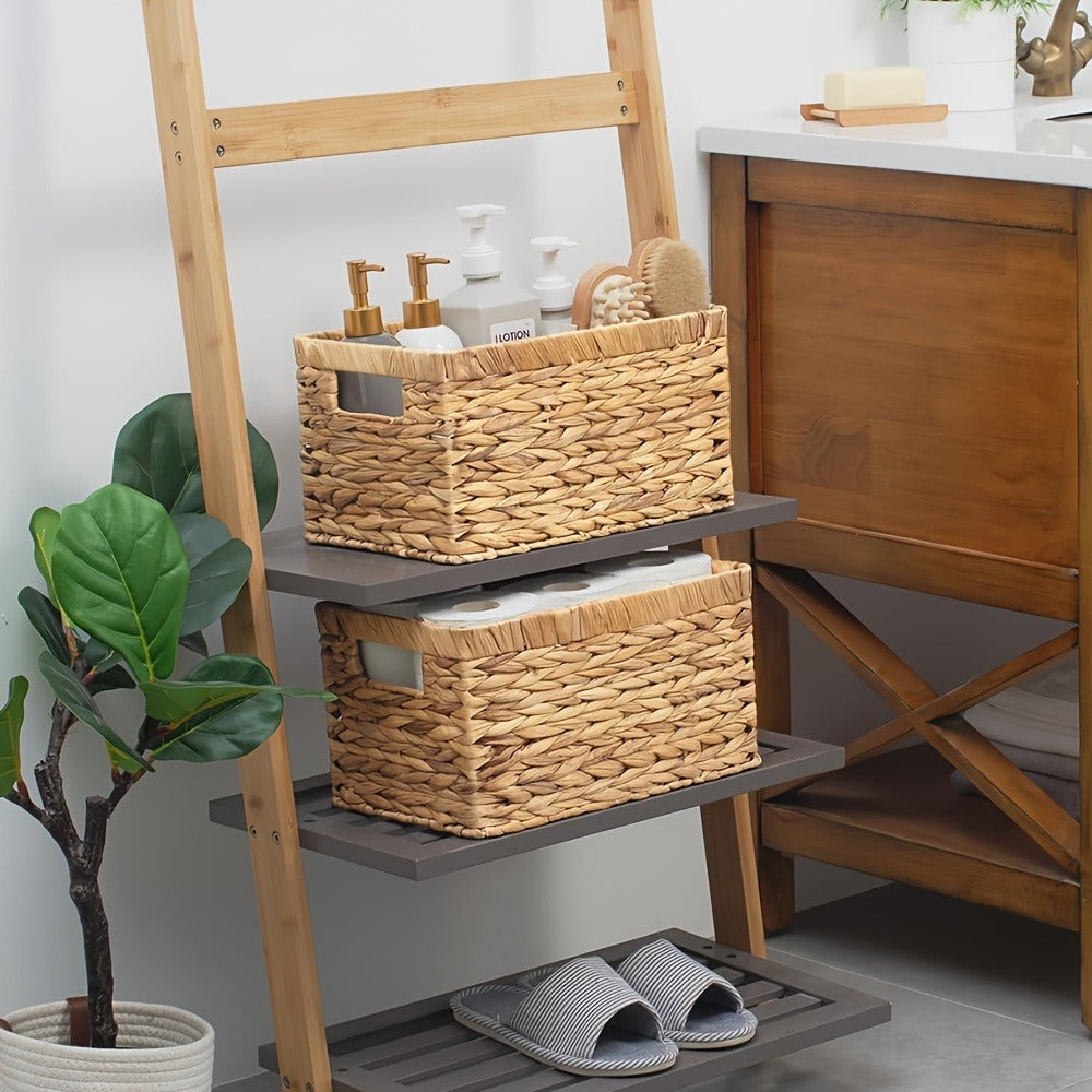 Wicker Storage Basket with Built-in Handle, Natural Rattan Boho Stackable Shelf Organizer Bin for Bathroom Bedroom Living Room Kitchen Closet Home Decor