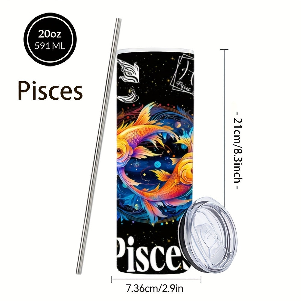 Zodiac Tumbler 20oz Stainless Steel Insulated Travel Cup with Lid & Straw Horoscope Coffee Mug All 12 Signs Hot Cold Drinks Gift Birthday Halloween Christmas
