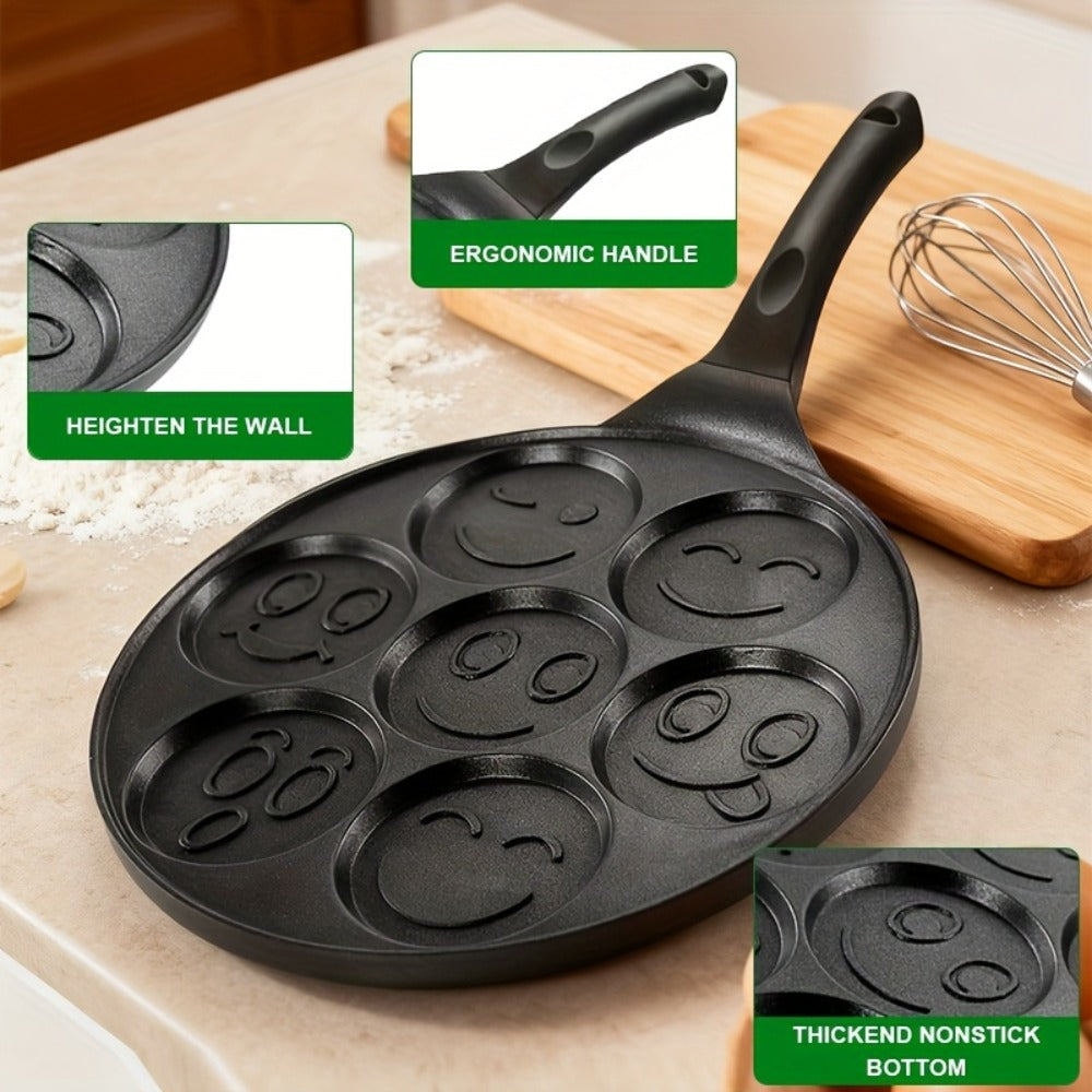 Non-Stick Pancake Pan 7-Hole Smiley Face ¨C Fun Breakfast Egg & Bacon Frying Tray for Kids & Family, Easy to Clean, Mini Pancake Maker Baking Pan Kitchen Cooking Tool