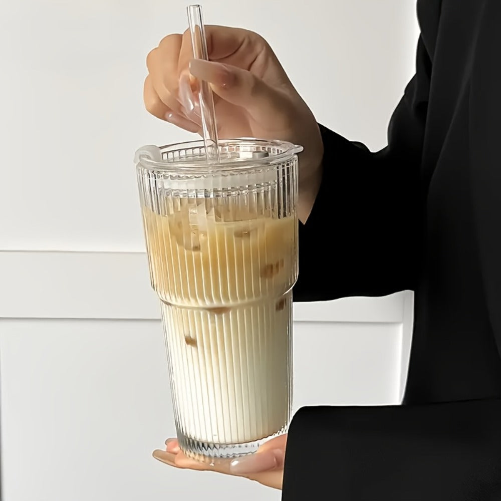 Vintage Striped Drinking Glasses with Glass Straws ¨C 19oz High Borosilicate Iced Coffee Cups Set for Juice, Smoothies & Parties, Thick & Durable Glassware Gift Set (2 or 4 Pack)