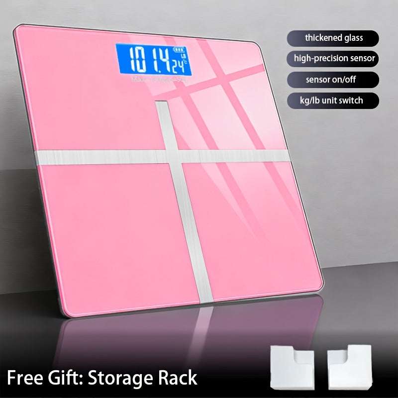 Digital Bathroom Scale with LCD Temperature Display ¨C 396 lb High-Precision Weight Scale, KG/Pounds Switchable, Wide Non-Slip Platform, Available with HD LED Upgrade, Waist Strap & Storage Rack