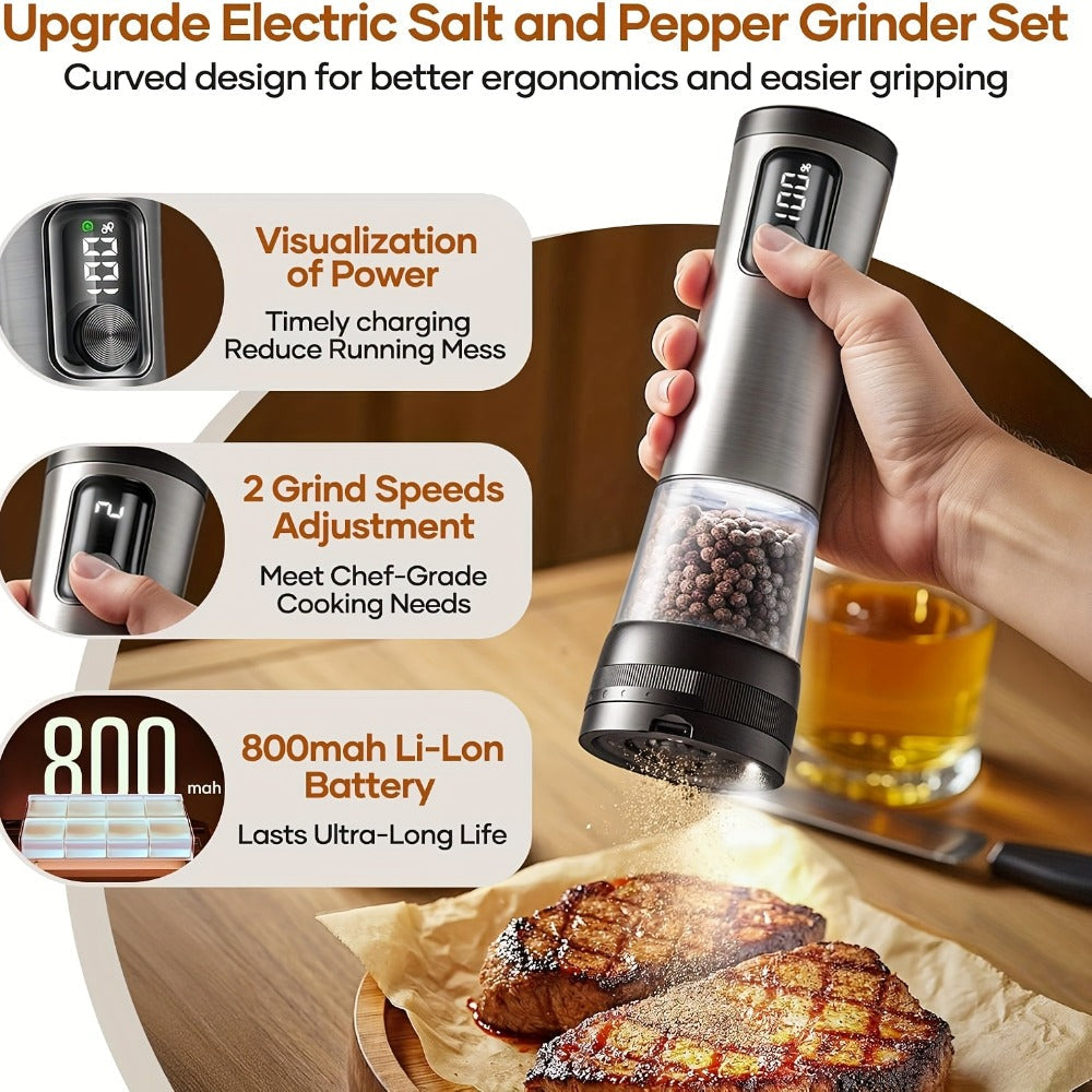 Electric Salt and Pepper Grinder Set Rechargeable USB Large Capacity with Base Automatic Adjustable Coarseness LED Display Kitchen Gift Silver Black