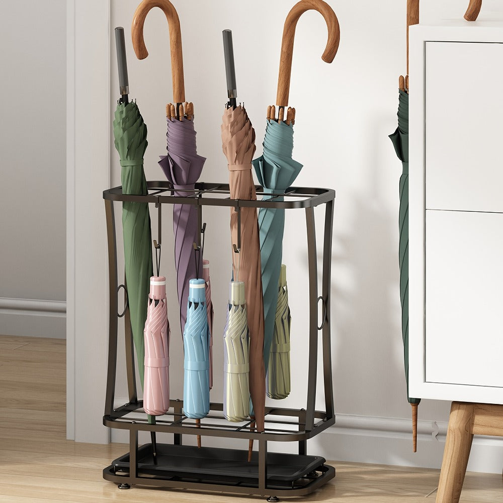 Metal Umbrella Stand with Drip Tray ¨C 4-Tier Freestanding Umbrella Holder, Sleek Polished Finish, Space-Saving Entryway Storage for Home Office & Commercial Use, Black
