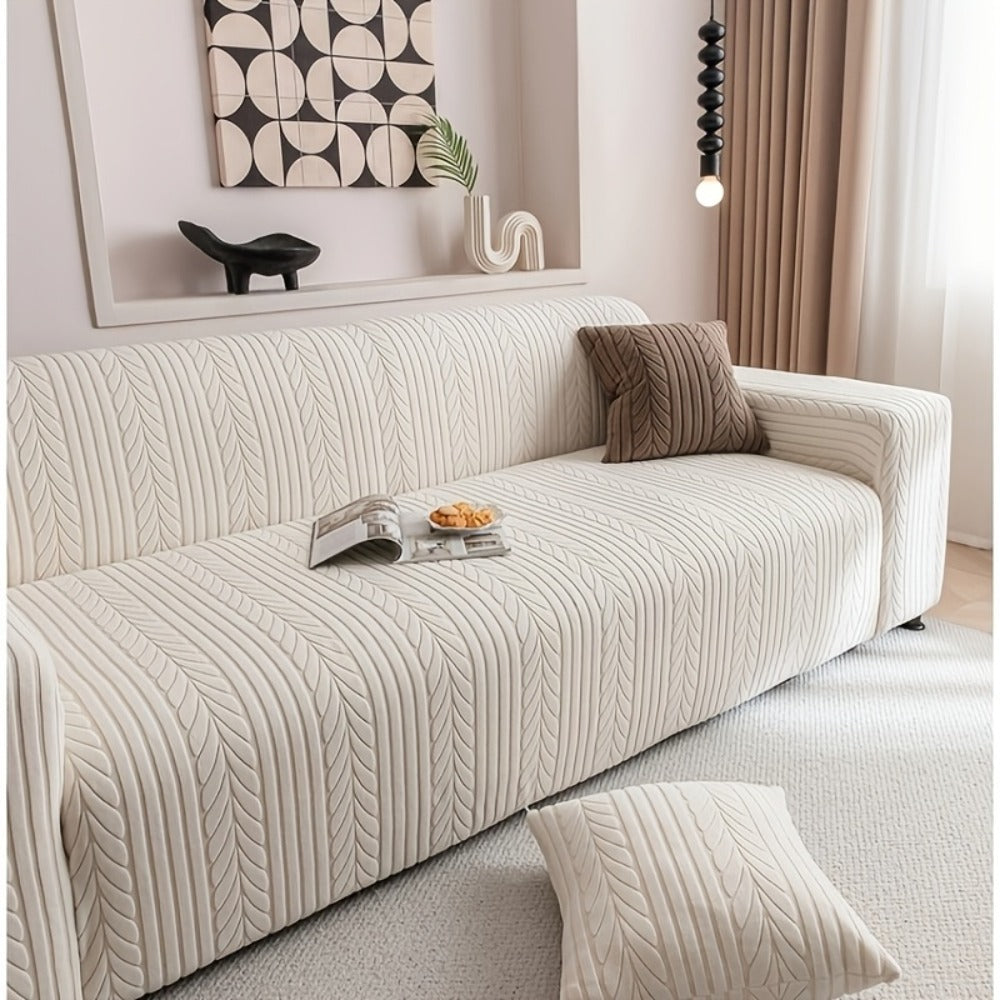 Couch Cover Full Coverage Elastic Velvet Jacquard Sofa Slipcover with Pillowcase - Non-Slip Thick Soft Pet Friendly Machine Washable Fits 1 2 3 4 Seater Living Room Bedroom