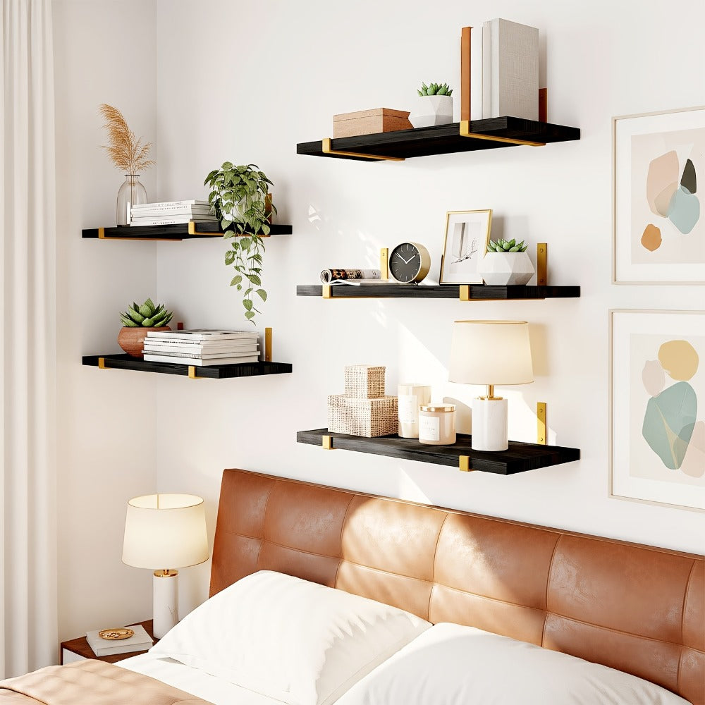 Rustic Floating Shelves Set of 5, 15.8x4.7 Inch Wall Mounted Wooden Shelves for Bedroom Living Room Kitchen Bathroom Office Plant Display