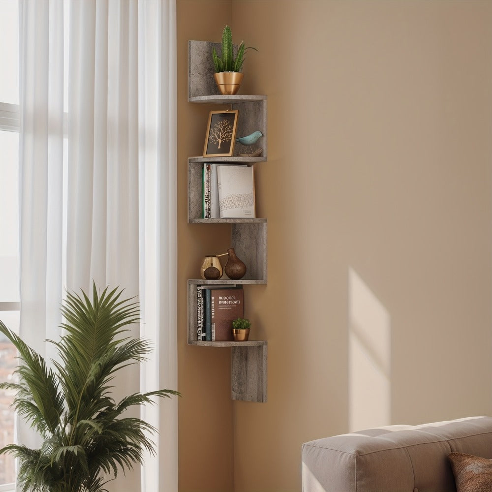 Corner Floating Shelf 5-Tier Wall Mount, Space Saving Storage Rack for Bedroom Living Room, Radial Display Organizer, Easy Install, 7.9¡±¡Á7.9¡±¡Á49.6¡±, Black White Brown Greige Beige