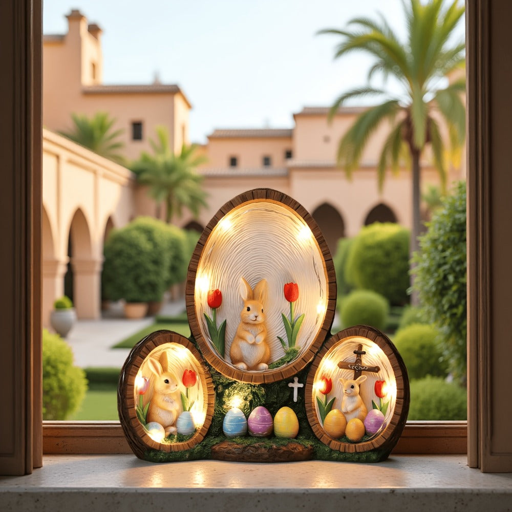 Handmade Resin Easter Egg Ornament - Painted Tulip Rabbit & Cross Decoration | Glowing Home Decor Accent for Easter, Valentine's Day & Spring Celebrations | High-End Resin Craft Holiday Gift
