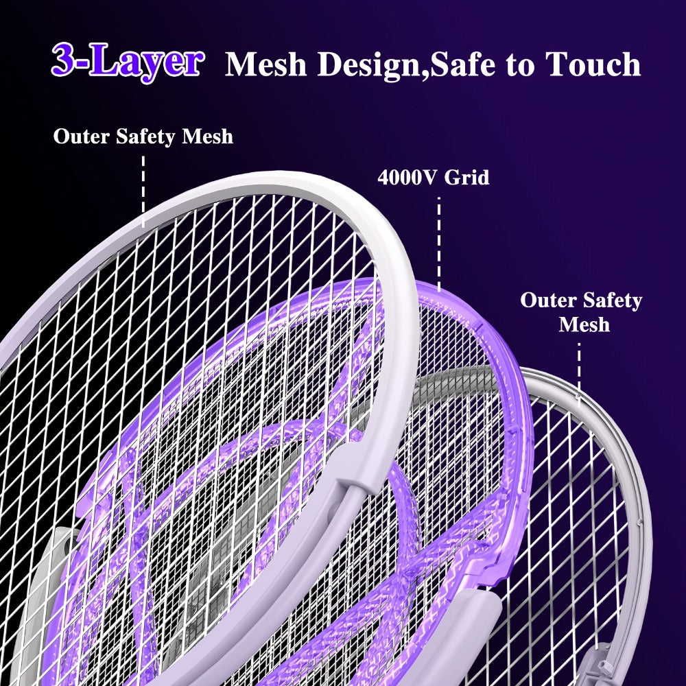 Electric Fly Swatter Racket 4000V ¨C Rechargeable Mosquito Killer Zapper with Auto One-Touch Kill, Detachable Head, USB Type-C Charging, Cordless Bug Zapper for Indoor & Outdoor Use, Pet-Safe Pest Control
