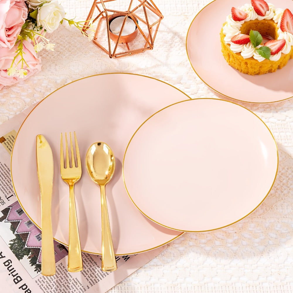 Disposable Plastic Plates Set 50 Piece - Pink Gold Rim Party Tableware with Dinner Plates, Dessert Plates & Utensils for Birthday Wedding Holiday