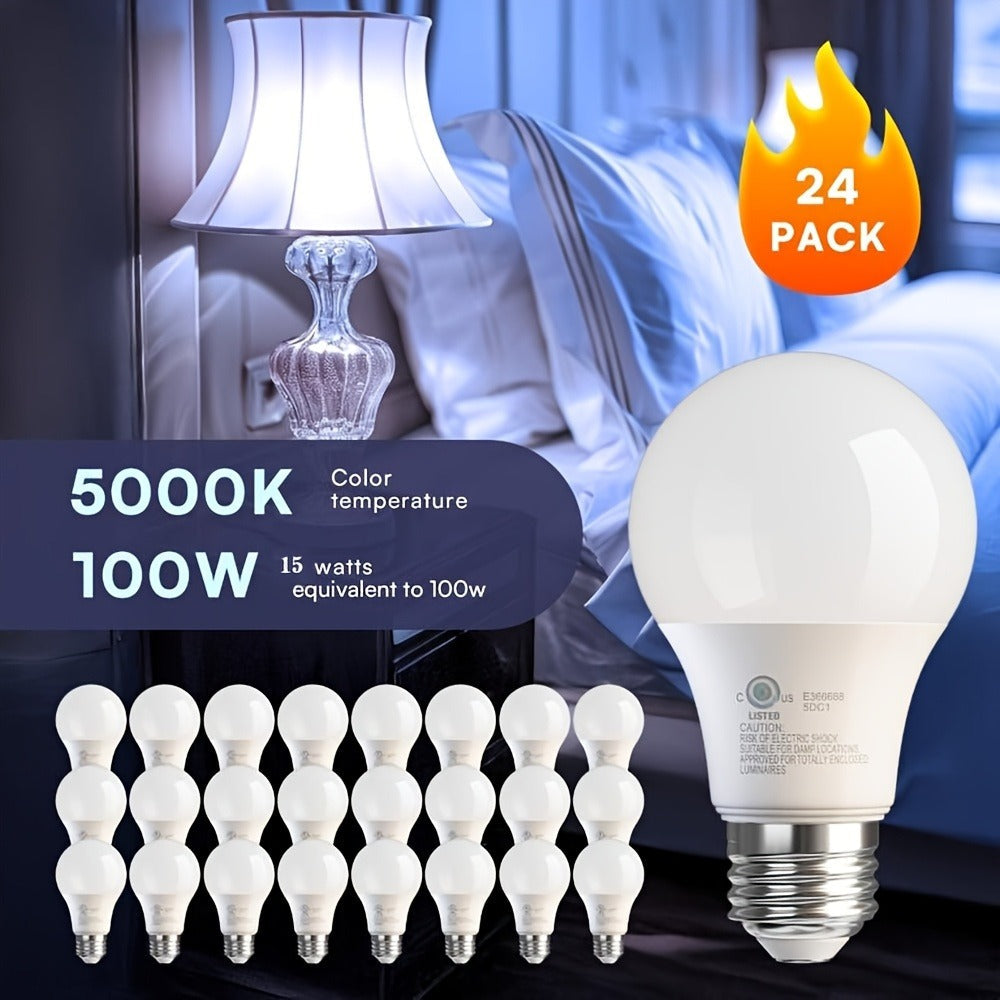 A19 LED Light Bulbs 100W Equivalent, 5000K Daylight White, E26 Base, Non-Dimmable, No Flicker, 1500LM Super Bright ¨C 4/12/24 Pack Bulk LED Bulbs for Home Office Bedroom Living Room