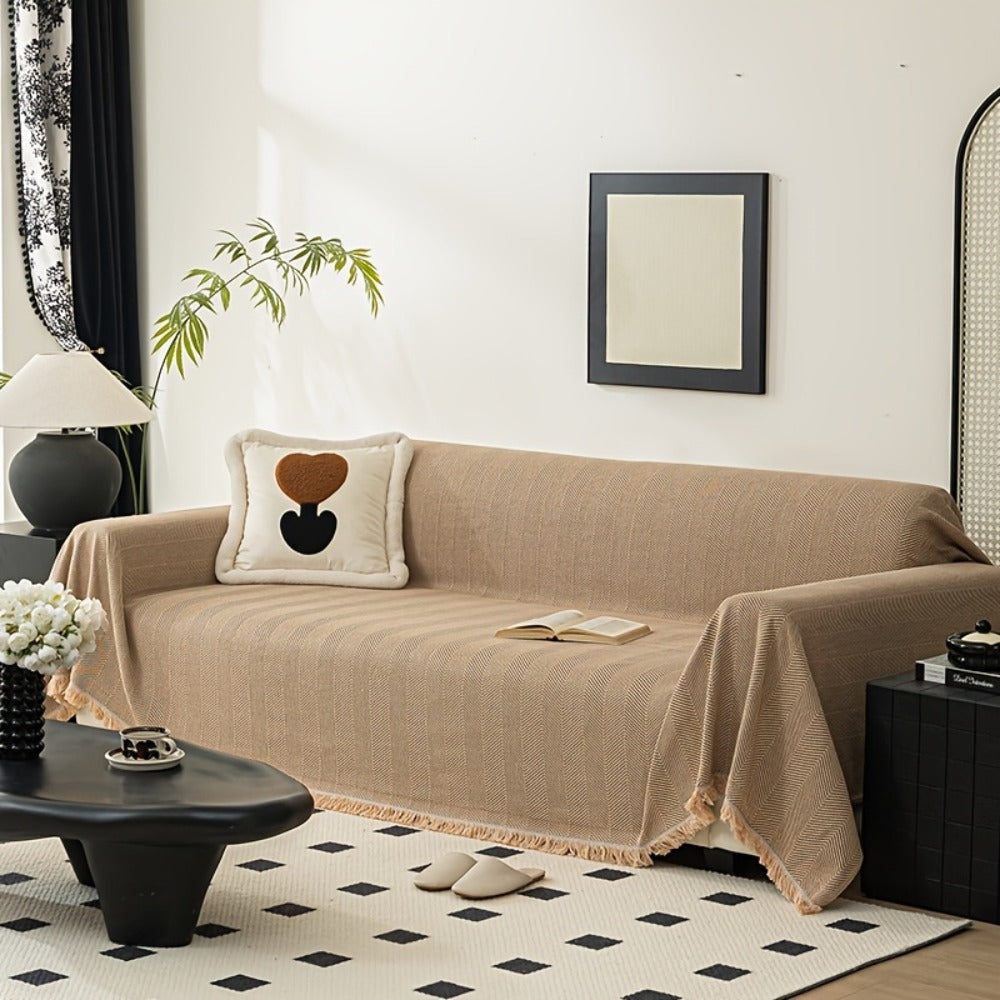 Herringbone Sofa Throw Cover with Tassels Jacquard Woven Solid Color Washable Polyester Sofa Blanket Slipcover for 3 4 Seater Couch Living Room - Grey Coffee Green Blue