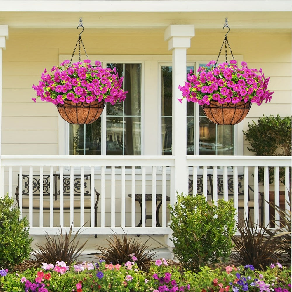 Artificial Hanging Flowers Outdoor UV-Resistant Fake Petunias with Planter Basket ¨C Realistic Faux Hanging Plants for Garden Patio Porch Balcony Railing Decor