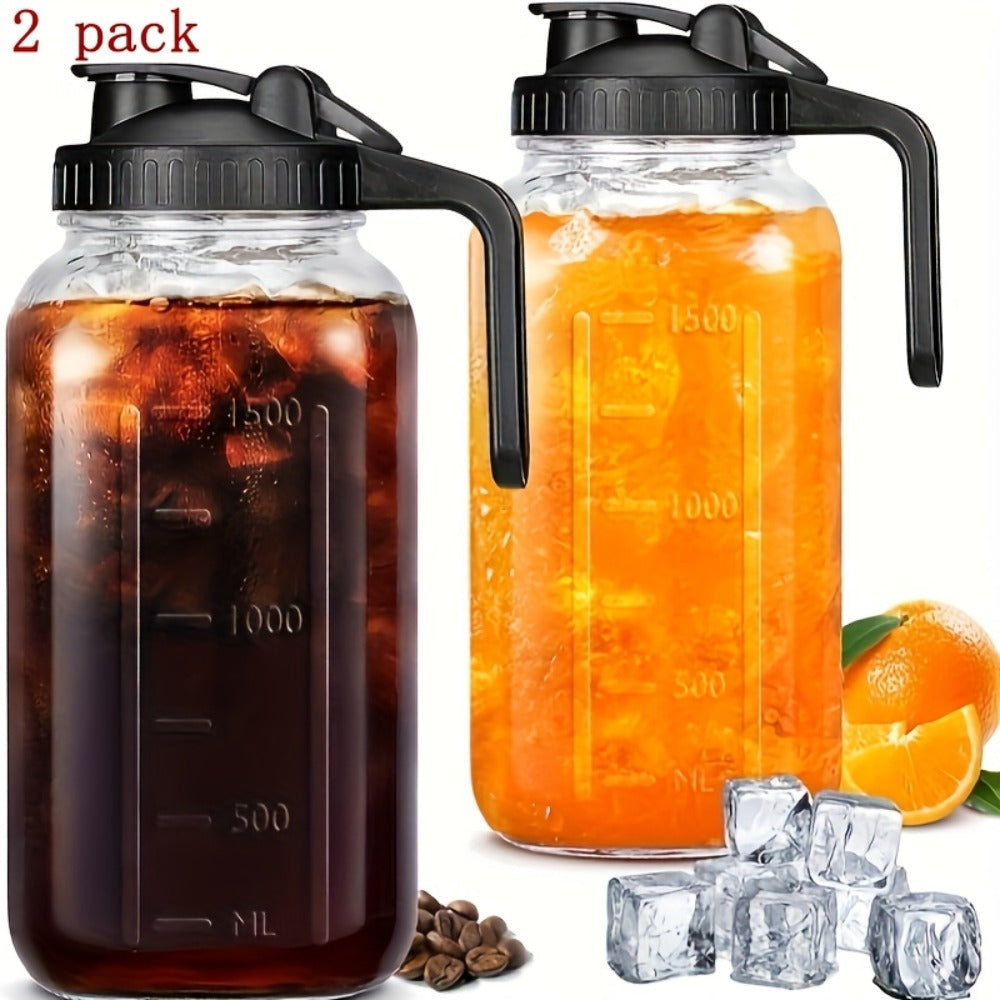 Glass Pitcher 64oz Mason Jar with Lid and Pour Spout - 2 Quart Wide Mouth Leak Proof Glass Jug for Fridge Iced Tea Sun Tea Lemonade and Juice, Creamer Container for Coffee and Breast Milk Storage, Available in 2 or 3 Pack