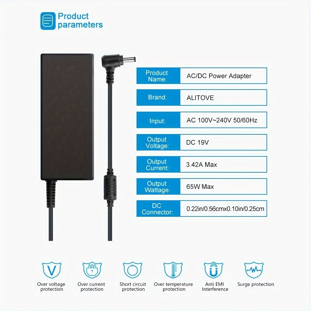 19V 3.42A 65W Universal Laptop Power Adapter - Compatible with HP, LG Monitor, Samsung TV, Acer, Chromebook, ASUS, JBL Speaker, AC 100-240V Input, 9 DC Tips Included, Short Circuit Protection