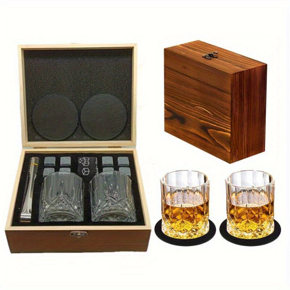 Whisky & Wine Glass Set with Cooling Stones, Ice Tong & Bartender Kit ¨C Portable Bar Accessories for Luxurious Drinking Experience, No Electricity Needed