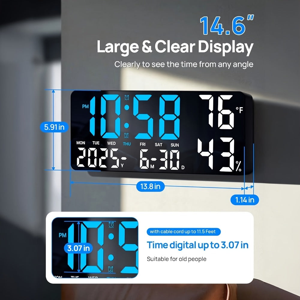 Large Digital Wall Clock with Remote Control ¨C 14.6¡± LED Display Dual Alarm Clock with Night Light, Temperature, Humidity, Date & Week ¨C RGB Color-Changing Bedroom & Living Room Clock Gift for Elderly