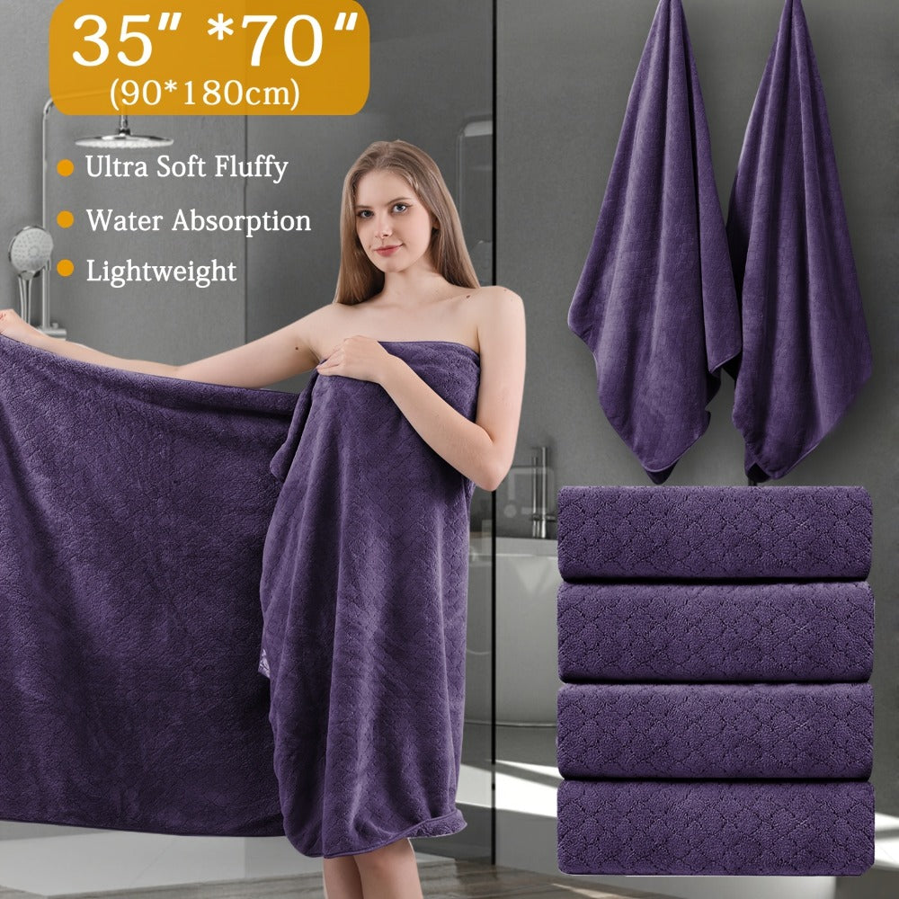 Oversized Bath Towel Set 4 Piece Diamond Pattern Microfiber - Ultra Soft Highly Absorbent Quick Dry | 10 Colors | Blue Green Black Gray Navy Orchid Brown Purple White Turquoise | Bathroom Hotel Gym Gift