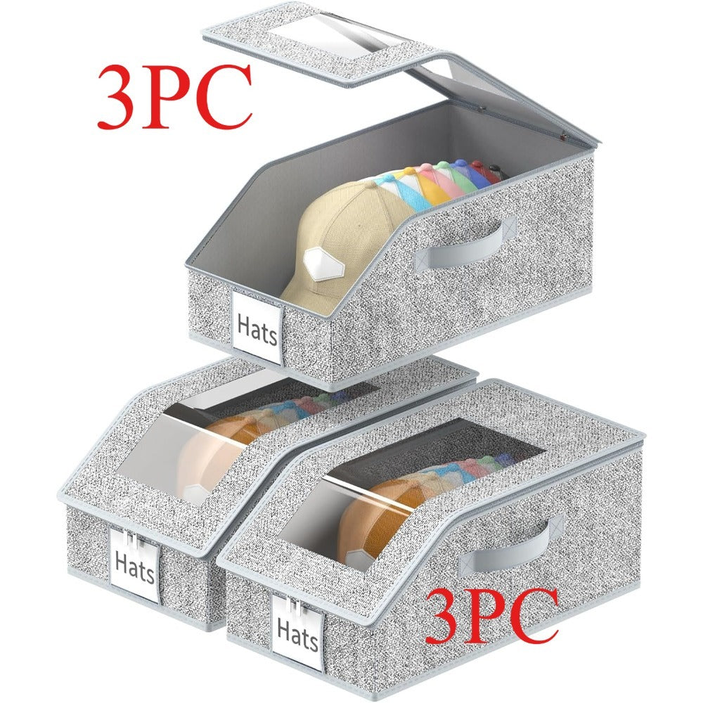 3-Pack Stackable Hat Organizer Box for Baseball Caps with Clear Window Lid, Foldable Cap Storage Holder for Closet Bedroom Shelf