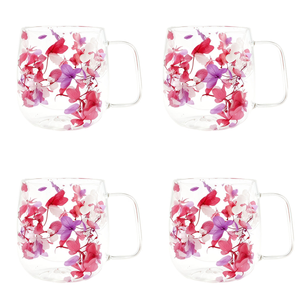 Double Wall Glass Coffee Cups with Handle Set of 4 ¨C Borosilicate Thermal Mugs for Latte Cappuccino Tea | Dried Flower & Petal Design Transparent Drinkware for Office Home Gifts