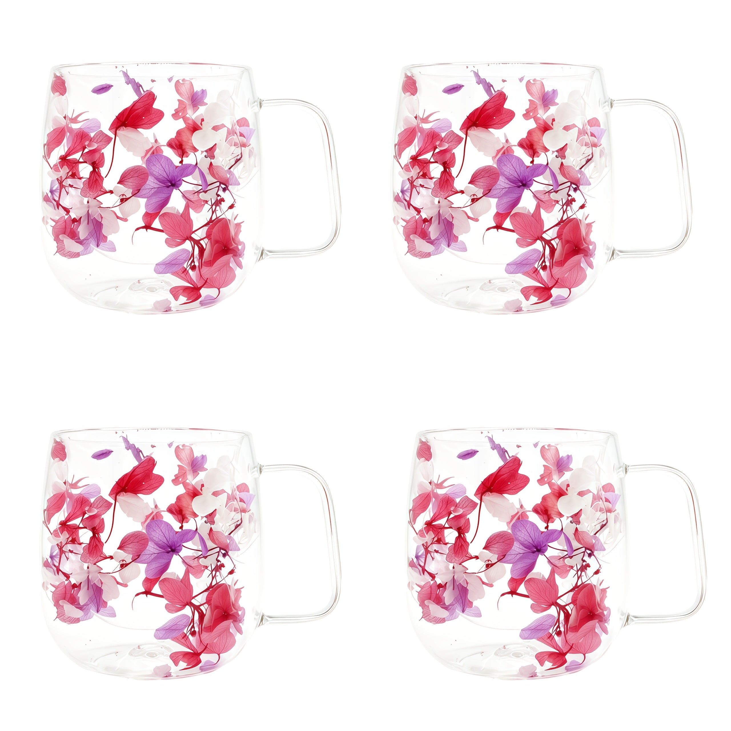Double Wall Glass Coffee Cups with Handle Set of 4 ¨C Borosilicate Thermal Mugs for Latte Cappuccino Tea | Dried Flower & Petal Design Transparent Drinkware for Office Home Gifts
