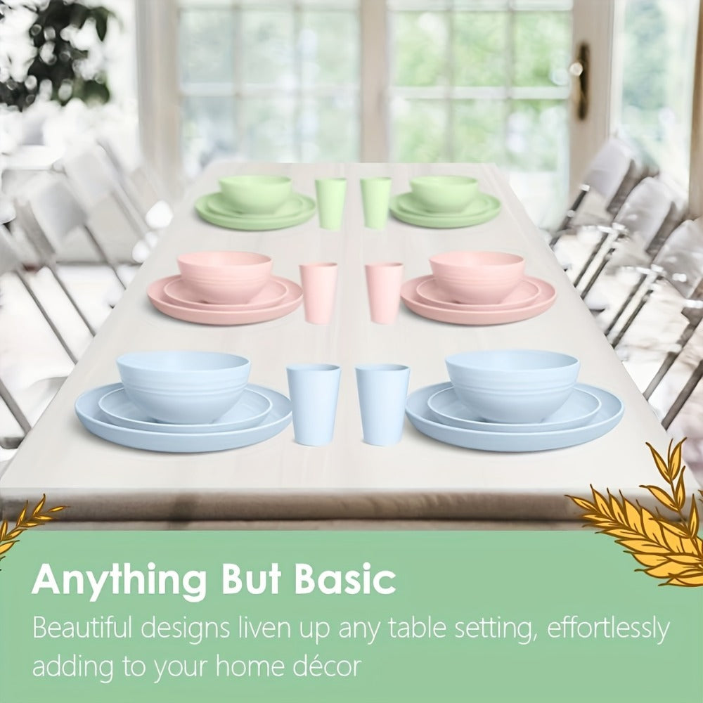 32pcs Wheat Straw Dinnerware Set for 8 - Unbreakable Plastic Plates Bowls Cups Set, Lightweight BPA-Free PP Tableware for Picnic Camping Outdoor, Modern Round Dishware for Home Parties Holiday