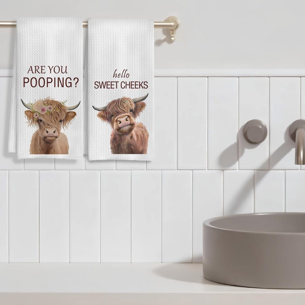 Highland Cow Hand Towels Set of 2 Funny Farmhouse Bathroom Decor Hello Sweet Cheeks Absorbent Kitchen Towel 16x24 Inch Washroom Gift