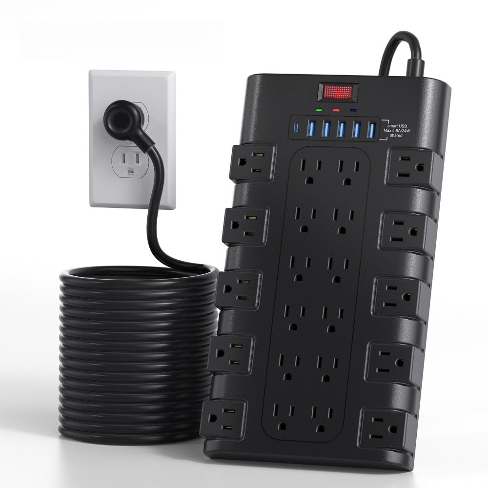 Surge Protector Power Strip 28-in-1, 22 AC Outlets 1875W 15A, 5 USB-A 1 USB-C Ports, Flat Plug Wall Mount, Overload Protection, Space-Saving Extension Cord for Home Office Kitchen Desk