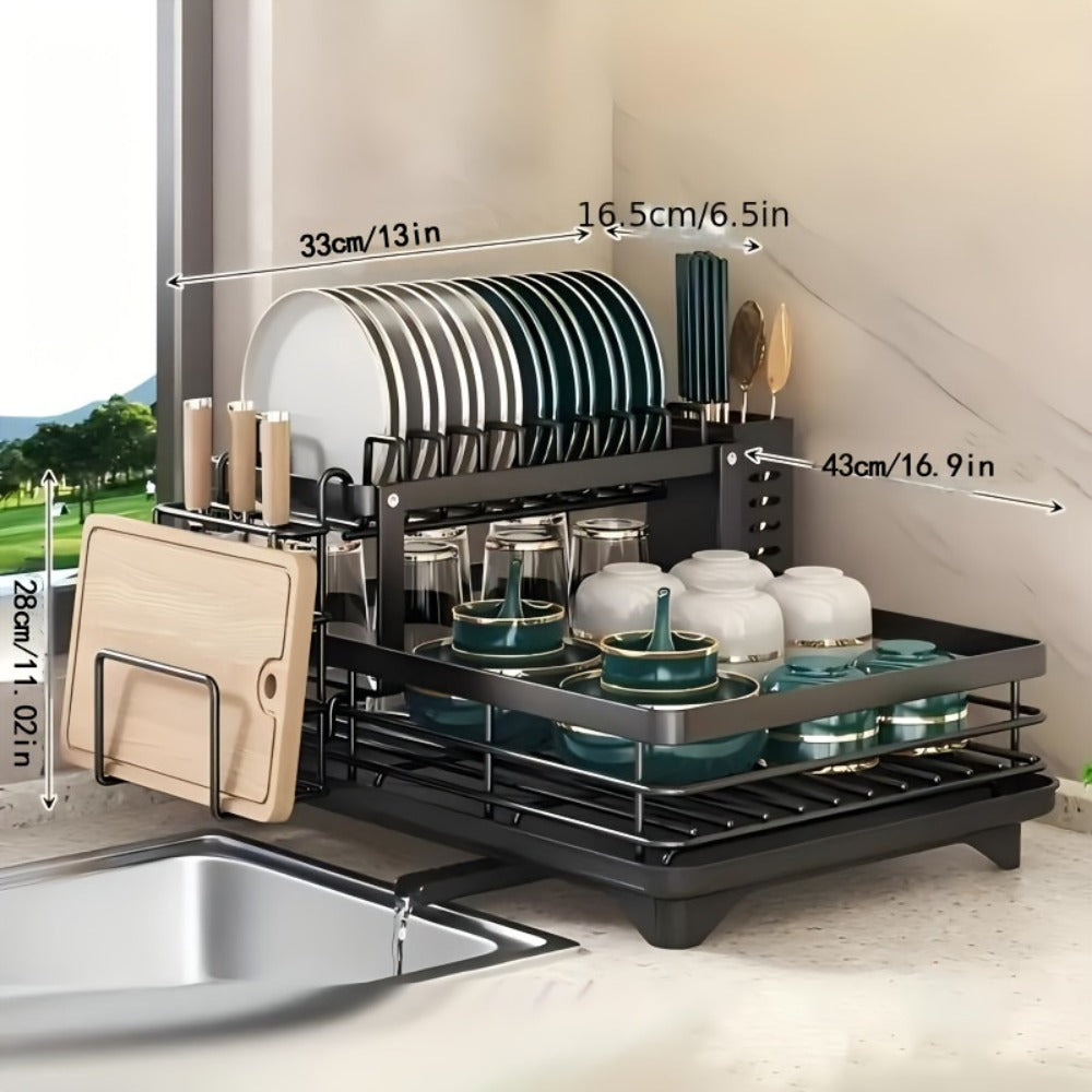 2-Tier Dish Drying Rack with Drainboard & Mat ¨C Metal Dish Rack for Kitchen Counter with Knife Fork Cup Holder
