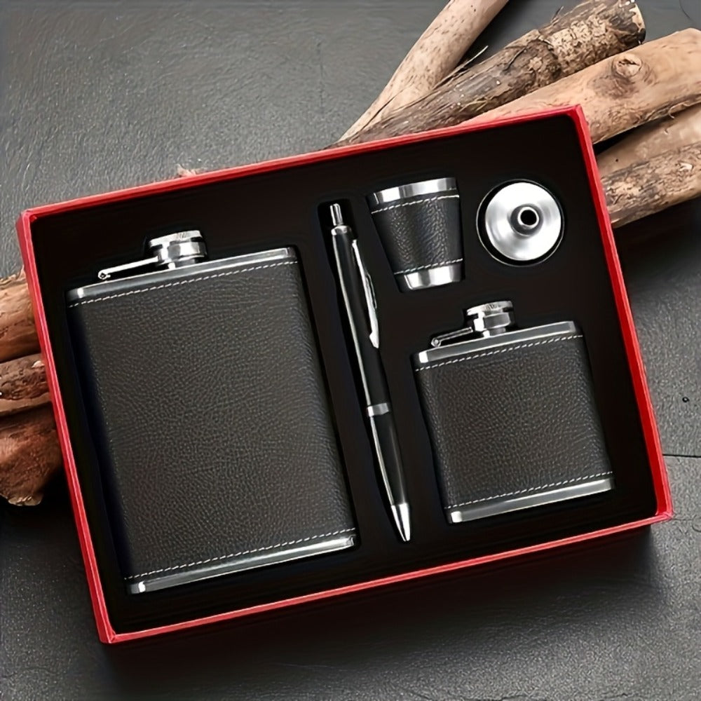 Stainless Steel Whiskey Flask Gift Set with Cup Filter & PU Leather Cover ¨C 8.1oz + 3oz Dual Bottle Bar Gift for Men