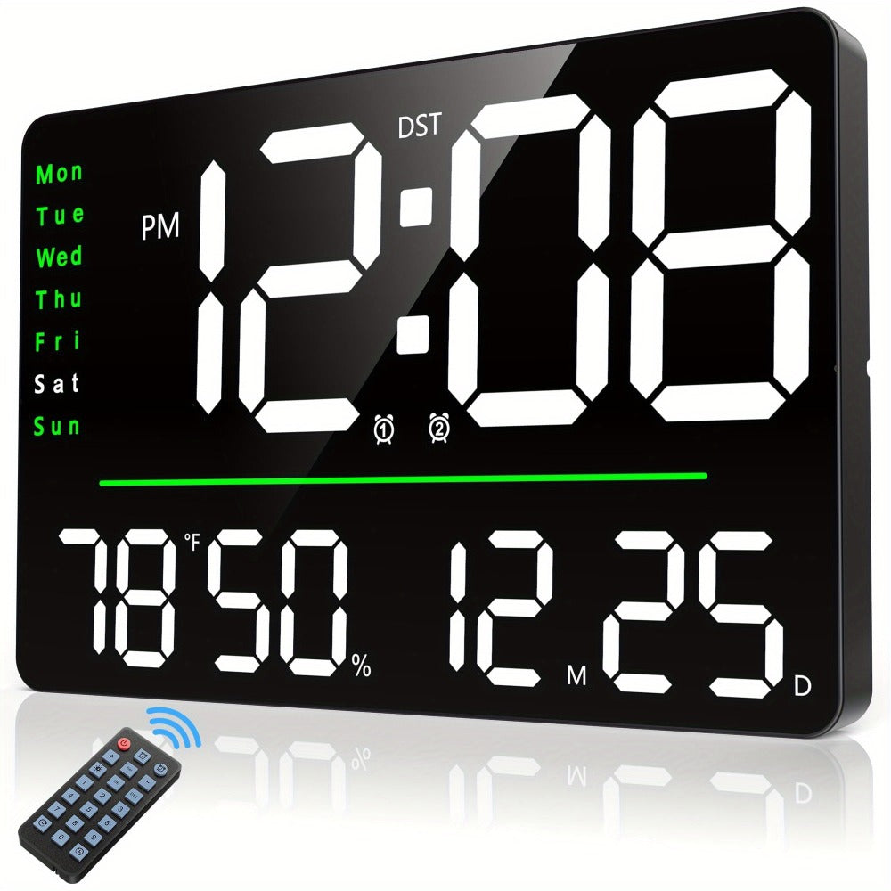 Digital Wall Clock 16 Inch LED with Remote Control ¨C Large Display Shows Time, Date, Day of Week & Indoor Temperature, Modern Decor for Bedroom, Living Room, Office, Gym & Garage (White)