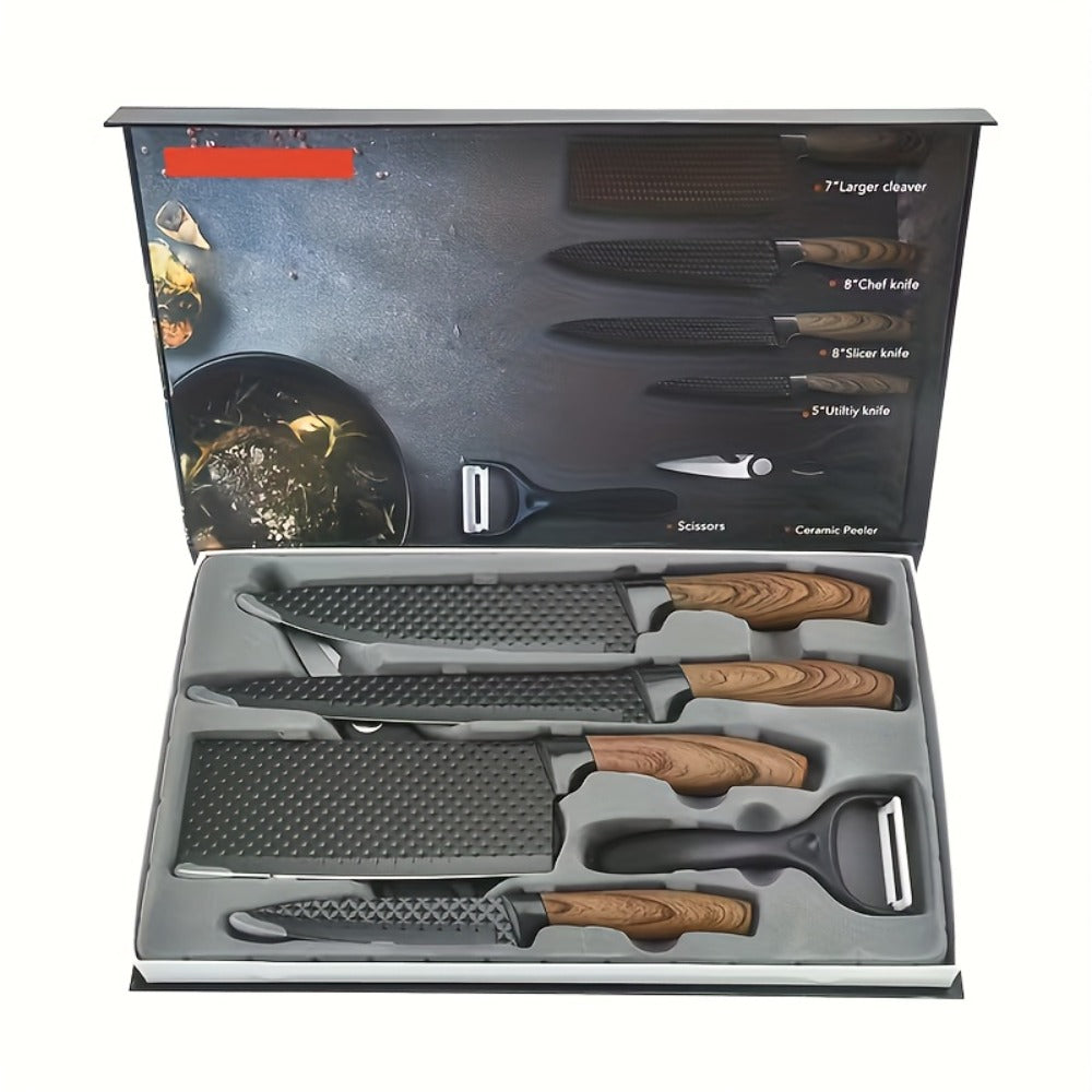 6-Piece Kitchen Knife Set ¨C Chef's Knife, Slicing Knife, Scraper & Scissors | High Carbon Stainless Steel, Ergonomic Wooden Handle, Gift Box